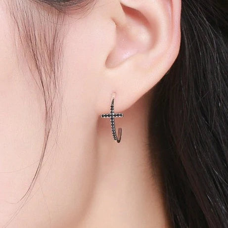 Boucles D'oreilles Croix Cristaux Noir