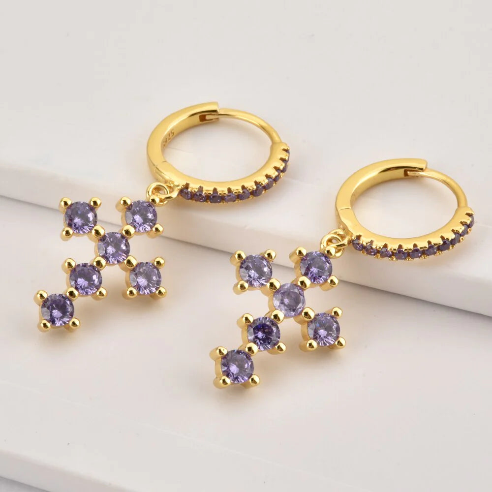 Boucles D'oreilles Croix Pierres Violets